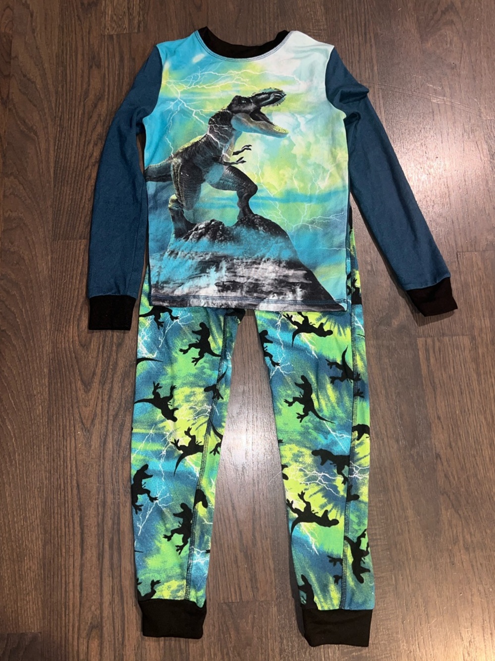Boys Dinosaur Pajama Set in Blue & Neon Green size 12